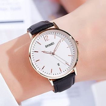 SKMEI Womens Watches for Ladies Female Leather Band Big face Waterproof Thin Minimalist Fashion Casual Simple Dress Analog Quartz with Date Luminous Young Girls Gift White Wrist Watch