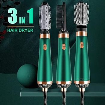 Electric Hair Dryer Blow Dryer Comb Rotating Hot Air Brush 3 In 1 Hairdryer Hair Blower Brush Hair Curler Auto Curling Iron (Green)