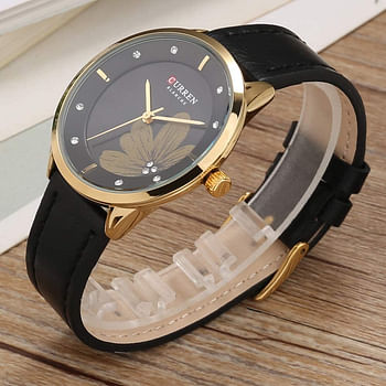 Curren 9048 Original Brand Leather Straps Wrist Watch For Women / Black
