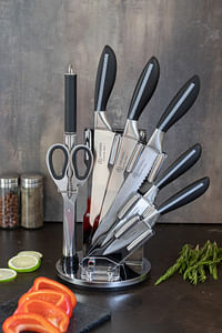 EDENBERG Kitchen Knife Set | Premium Carbon Stainless Steel Kitchen Knife Set with Kitchen Shears & Revolving Rotating- 8 Pcs (Silver-Black)