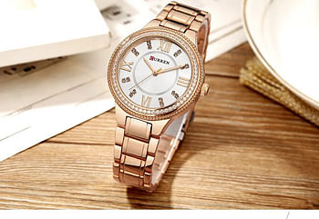 Curren 9004 Original Brand Stainless Steel Band Wrist Watch For Women / Rose Gold And White Dial