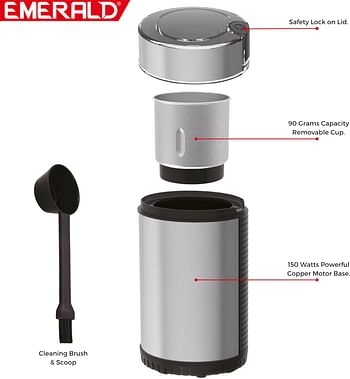 EMERALD Coffee & Spices Grinder with Stainless Steel Body & Detachable Cup, 90 Grams Capacity, 150Watts, EK792CG.
