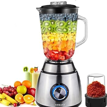 Sokany SK-155 2 in 1 Smoothie Blender Grinder, 2 Speed, 1.5L Blender Mixer with 0.3L Jar for Grinding, Ice Crush Function, Stainless Steel Blade