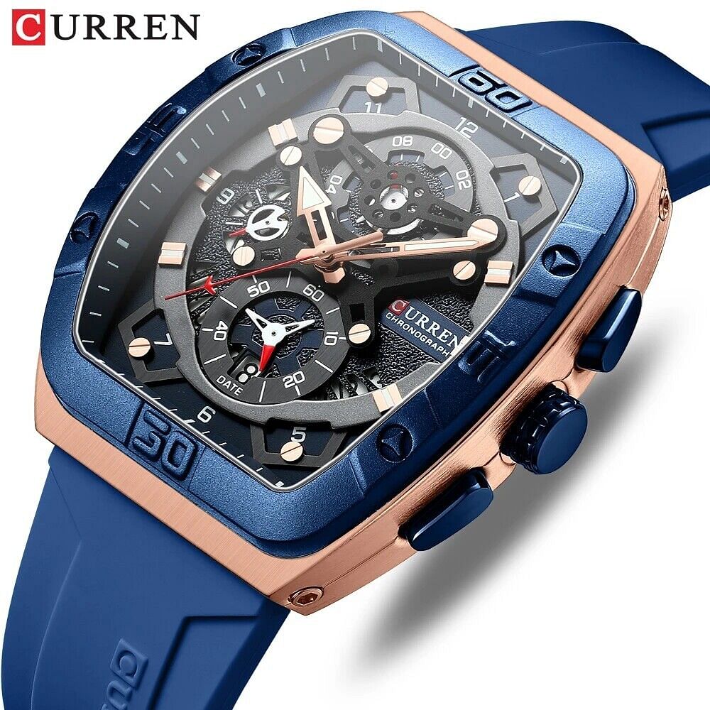 CURREN  Men Rectangle Watch Brand Chronograph Wristwatch Big Case Sport Watches