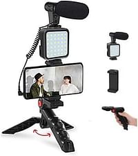 أطقم استوديو تسجيل الفيديو للهواتف الذكية والكاميرات، بدلة تصوير فوتوغرافي للفيديو مع حامل ثلاثي صغير بإضاءة LED وميكروفون