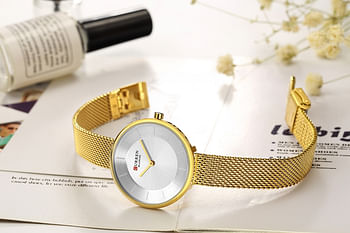 Curren 9030 Original Brand Mesh Band Wrist Watch For Women / Gold