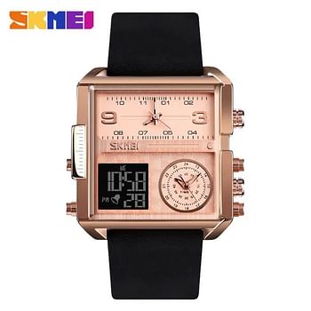 SKMEI 1584 Men's Multifunction Square Dial Digital Analog LED Chronograph Leather Strap Wristwatch.