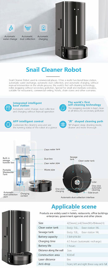 Snail Cleaner Robot - The World's First Self-Cleaning Technology can easily clean /mop areas up to 10000 sq ft