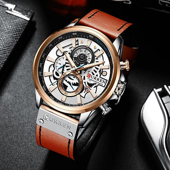 CURREN Original Brand Leather Straps Wrist Watch For Men 8380 Brown Silver Rose
