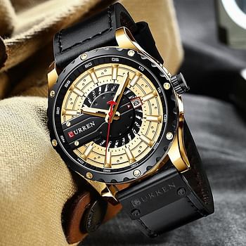 CURREN 8374 PU Leather Analog Watch For Men - Black & Gold