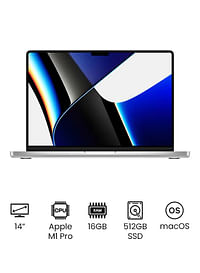 ماك بوك برو MKGR3 شاشة Liquid Retina XDR مقاس 14 بوصة مزودة بشريحة Apple M1 Pro وحدة معالجة مركزية ثمانية النواة ووحدة معالجة رسومات 14 نواة/ذاكرة وصول عشوائي سعة 16 جيجابايت/محرك أقراص SSD سعة 512 جيجابايت/ لوحة المفاتيح الإنجليزية والعربية - فضى