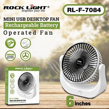 Rocklight Mini USB Desktop Fan RL-F-7084, Rechargeable Battery-Operated Portable Fan, 2000 Mah Lithium Battery, Type-C Charging