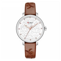 Curren 9046 Rhinestone White Dial Brown Leather Strap Watch