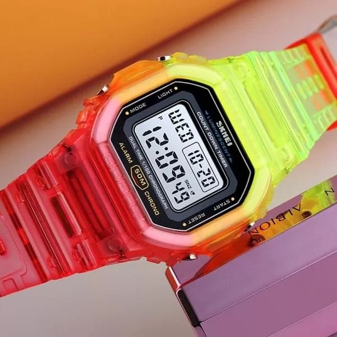 SKMEI 1622 Fashion Cool Girls Watches Electroplated Case Transparent Strap Lady Women Digital Wristwatch