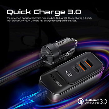 Promate Car Charger, Premium 120W DC Charger with Extended Fast-Charging Hub, Dual USB-C™ Power Delivery Ports, Dual Qualcomm QC 3.0 USB-A Ports and 1.5M Long Cable for iPhone 14, iPad Air, GearHub-120W