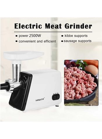 SOKANY Electric Meat Grinder 2500W Max Ultra Powerful 3 in 1 Multifunction Electric Meat Grinder Sausage Stuffer 1 Cutting Blade 3 Grinding Plates & Kubbe Attachment