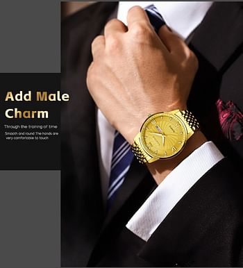 CADVAN Golden Luxury Stainless Steel Date Clock Men's Watch | Man Quartz Casual Wrist Watch