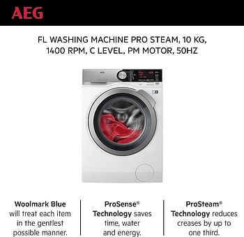 AEG - Washing Machine Front Load - Pro Steam, 10 kg, 1400 RPM, Inveter Motor - LFE7C1412B - Made in Italy