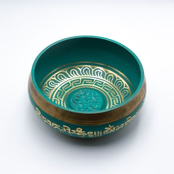 Himalayan Singing Bowl | Hand Painted Bliss Pattern in Green color with a traditional wooden striker | Meditation Bowl | Music Therapy | Handcrafted in Nepal for Healing and Mindfulness - used during Meditation, Yoga, Prayer