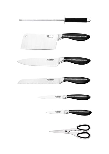 EDENBERG Kitchen Knife Set | Premium Carbon Stainless Steel Kitchen Knife Set with Kitchen Shears & Revolving Rotating Stand- 8 Pcs (Silver-Black)