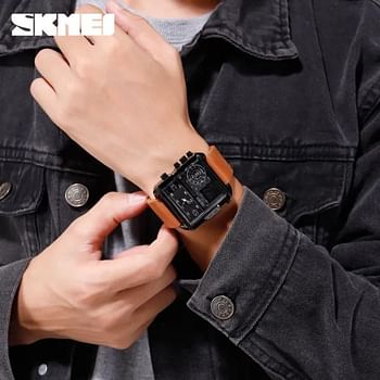 SKMEI 1584  Men's Multifunction Square Dial Digital Analog LED Chronograph Leather Strap Wristwatch