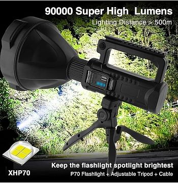 Emergency Lights 90000 Lumen LED Super Bright Searchlight, Rechargeable Spotlight Flashlight, 4 Modes Waterproof Searchlight Spotlight, for Hiking, Camping, Emergency,with Tripod & USB (W5120)