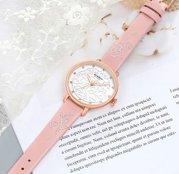 Curren 9046 Original Brand Leather Strap Wrist Watches For Women / Pink