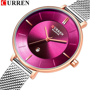 Curren 9037 Original Brand Stainless Steel Band Wrist Watch For Women / Silver and Purple Dial