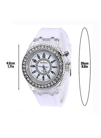 Geneva Wrist Watch with Analog Quartz Movement and Colorful LED Lights Water Resistance 30M-White
