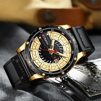 CURREN 8374 PU Leather Analog Watch For Men - Black & Gold