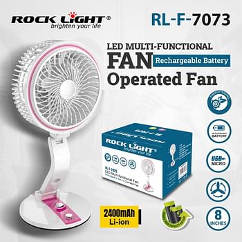 مروحة روك لايت متعددة الوظائف مقاس 8 بوصات LED RL-F-7073، مروحة محمولة تعمل بالبطارية قابلة لإعادة الشحن، بطارية ليثيوم 2400 مللي أمبير في الساعة، شحن USB صغير