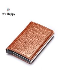 We Happy RFID Protection Leather Cover Ultra-Thin Aluminum Case Premium Credit Card Holder | Automatic Card Pop UP Wallet-EYU BROWN