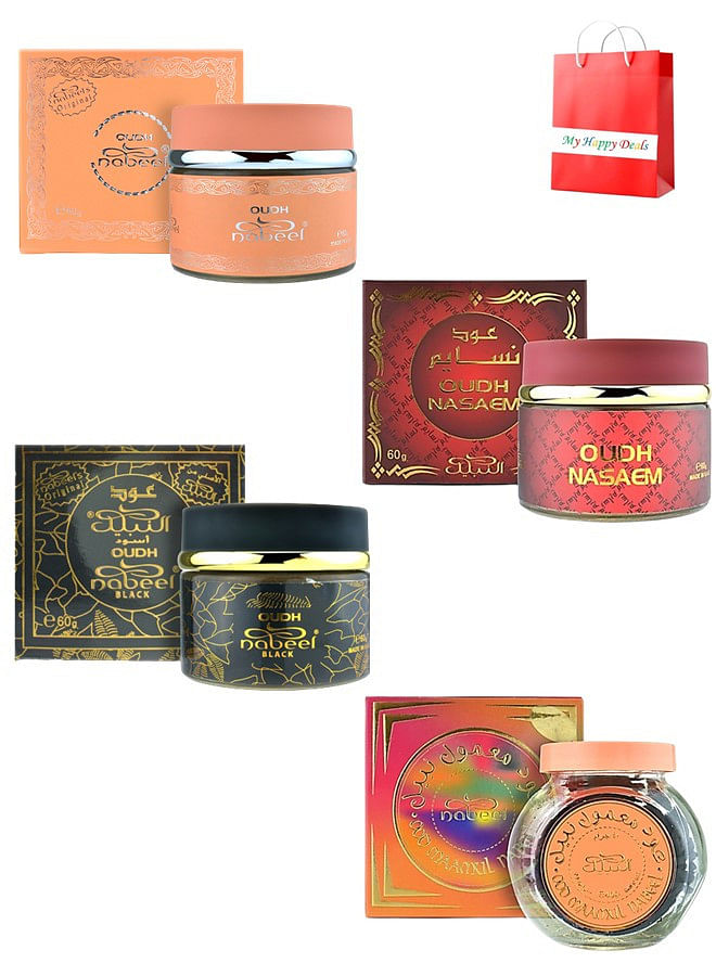Nabeel Pack of 4 Ultimate Oudh Incense Bakhoor Collection Nasaem, Black, Nabeel And Mamul