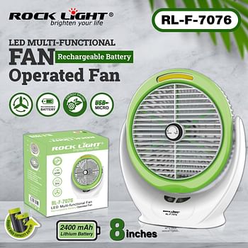 مروحة روك لايت مقاس 8 بوصات LED متعددة الوظائف RL-F-7076، مروحة محمولة تعمل بالبطارية قابلة لإعادة الشحن مع ضوء COB، بطارية ليثيوم 2400 مللي أمبير في الساعة، TYPE-C وشحن USB صغير