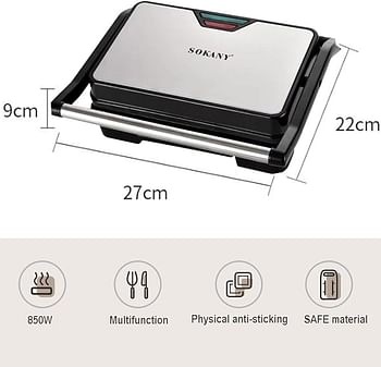 SOKANY SK-223 850W Contact Grill Non-Stick Coating Cool Touch Handle Automatic Temperature Control Indicator Lights Sandwich Toaster Panini Maker Electric Grill