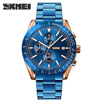 SKMEI 9253 new design silver mens quartz watch original Stainless steel band 3 dials Chronograph Calendar Casual watch design - Blue