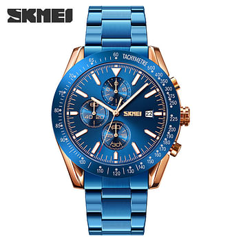 SKMEI 9253 new design silver mens quartz watch original Stainless steel band 3 dials Chronograph Calendar Casual watch design - Blue