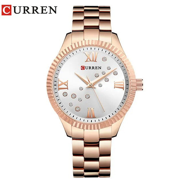 Curren 9009 Original Brand Stainless Steel Band Wrist Watch For Women / Rose Gold White Dial