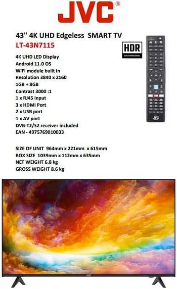 Jvc 43' Inch 4K UHD Edgeless Smart TV with dolby audio LT-43N7115 Black