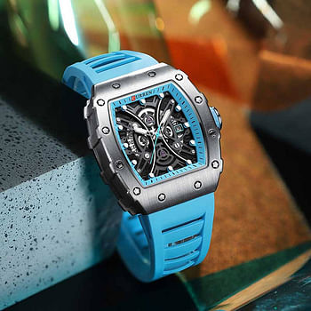 Curren  8438 Original Brand Rubber Straps Wrist Watch For Men / Cyan