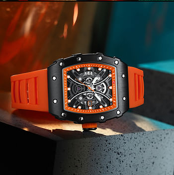 CURREN New Square Luminous Watches for Men Sport Casual Silicone Bracelet Hollow Auto Date Dial Wristwatches 8438 Quartz Watch Orange