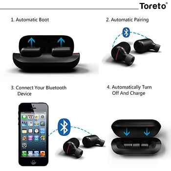 Toreto Tods, TOR-271 Truly Wireless Bluetooth Earbuds Earphones with Charging Case(BLACK)