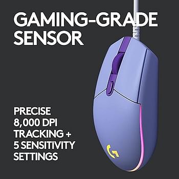 Logitech G203 Lightsync Gaming Mouse, 8000 Dpi, Customizable Buttons & Color Waves - Lilac