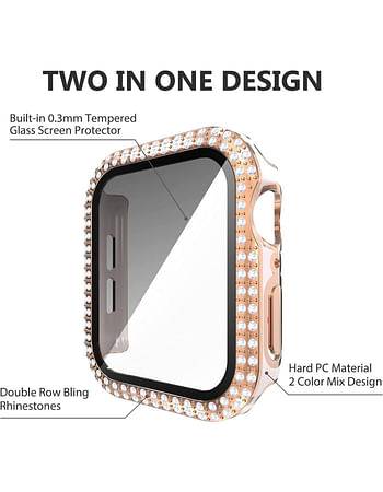 Caviar Compatible For Watch Series 8 7 6 45mm Two Tone Color Double Row Glitter Rhinestone Bling Crystal Diamonds Anti Shock Protective Cover With HD Tempered Glass Build in Screen