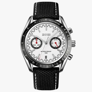 SKMEI 9292 Business Chronograph Date Function Leather Strap Quartz Wristwatch For Men - White/Black