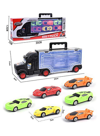 We Happy Truck Transport Carrier Toy with 6 Cars for Boys and Girls, Large Mobile Garage - Great Gift For Toddlers & Kids Age 3+, Black