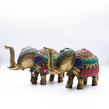 Alpine Crystal Brass Elephants Set, 2 pieces set, Handmade in Nepal, Antique Home Decor