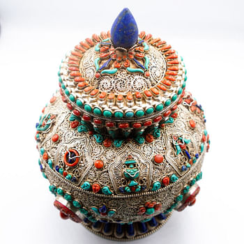 Masterpiece Nepal Pure Silver Filigree Turquoise Crystal Coral Stone Lapis Lazuli Crystal Pot Handmade in Nepal