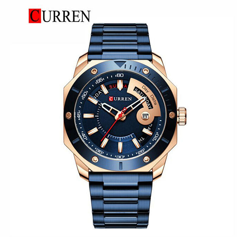 Curren 8344 Original Brand Stainless Steel Band Wrist Watch For Men - Blue and  Rose Gold