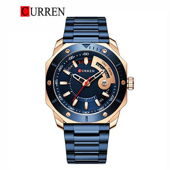 Curren 8344 Original Brand Stainless Steel Band Wrist Watch For Men - Blue and  Rose Gold